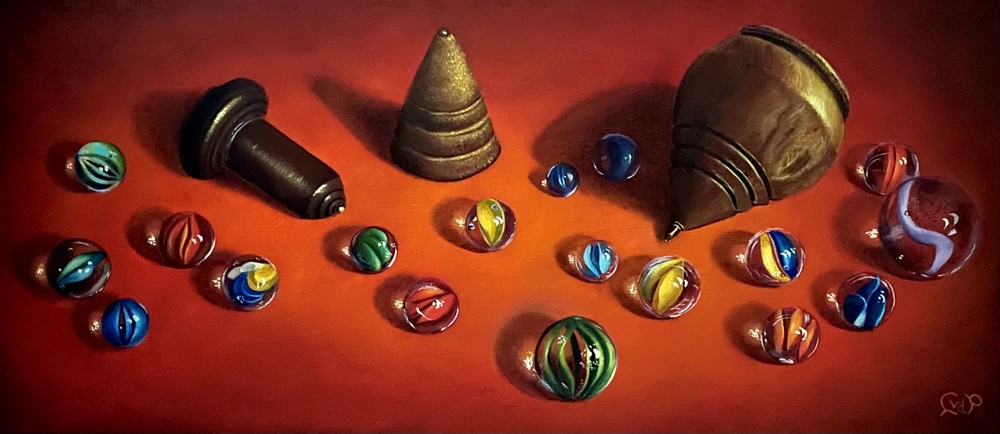 Playing with spinning tops or marbels